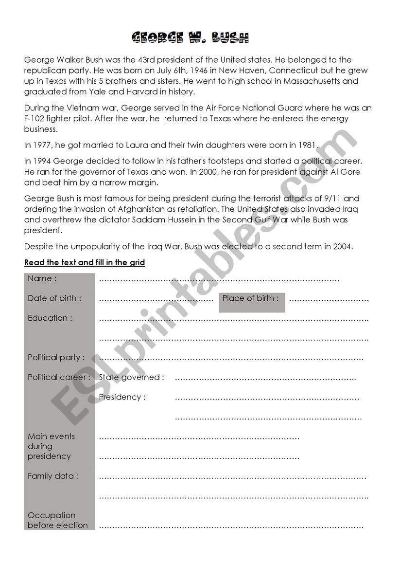 George W Bush: Biography worksheet