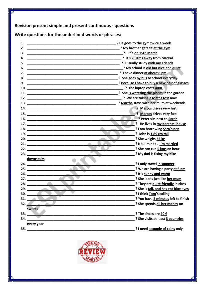 Revision present simple and present continuous - questions