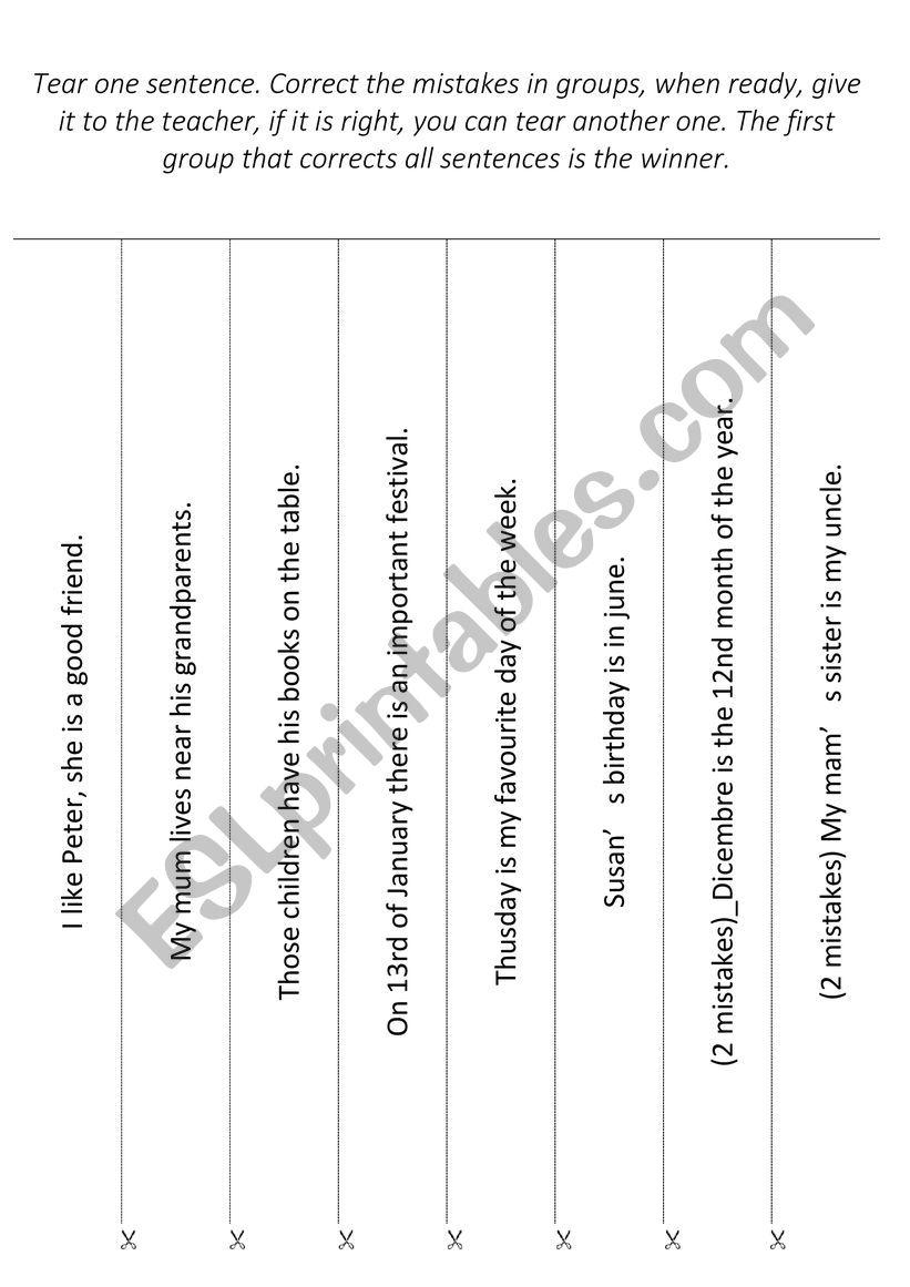 TEARABLE SENTENCES POSSESSIVE ADJECTIVES, DAYS OF THE WEEK, FAMILY