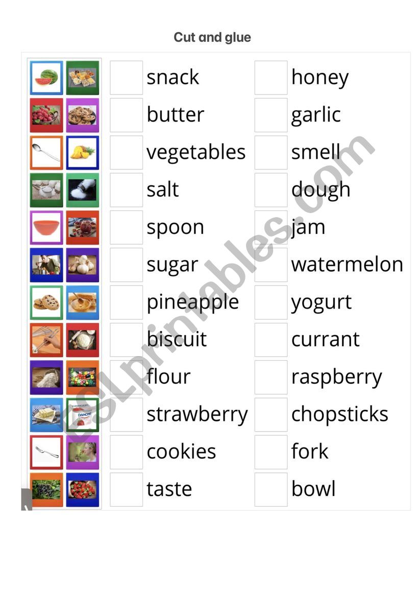 Food. Cut and glue - ESL worksheet by Datisa
