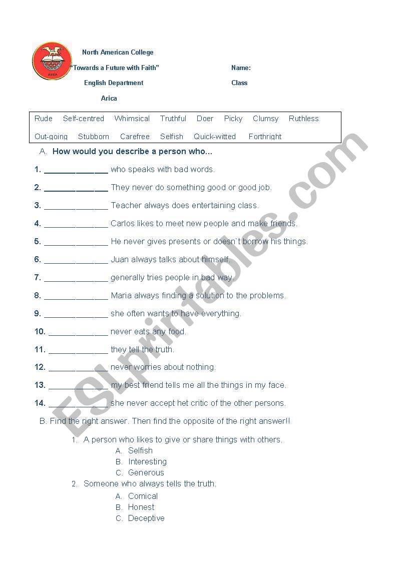 Describing Personality worksheet