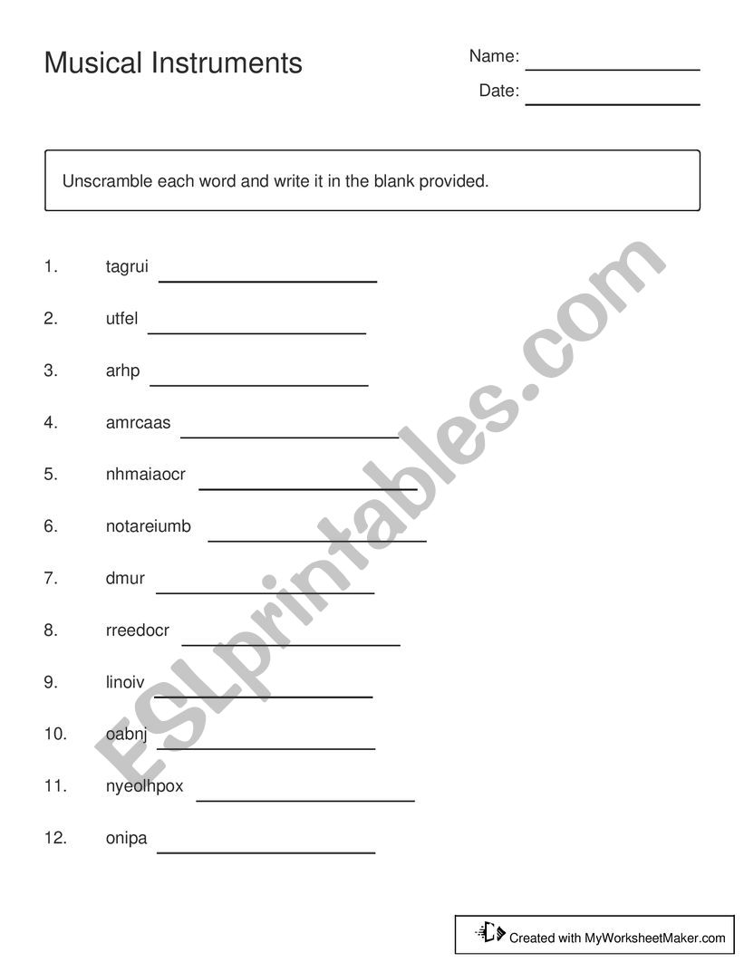Musical Instruments Scrambled Words