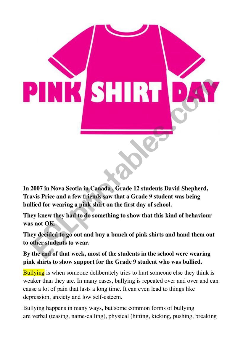 Pink shirt Day worksheet