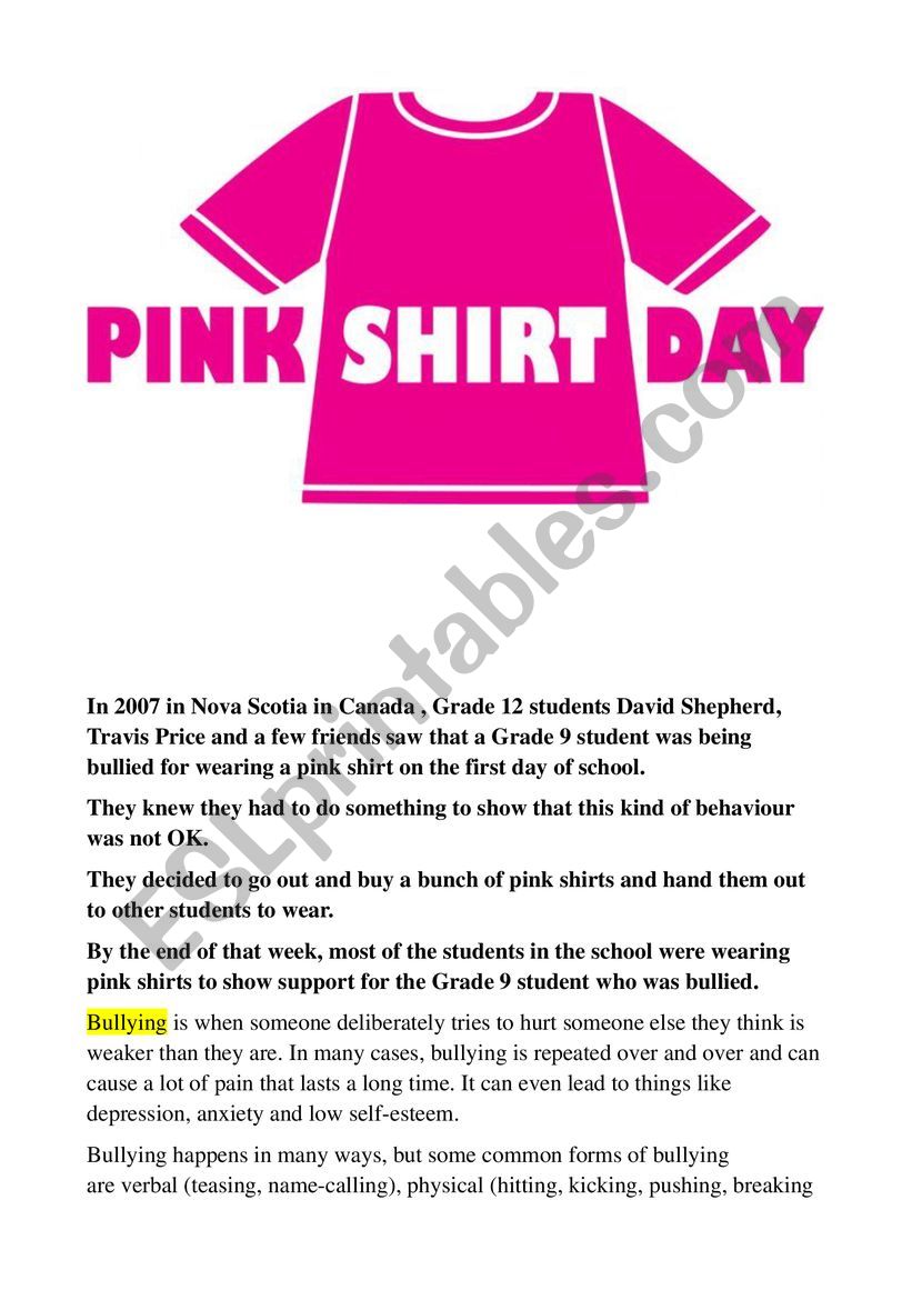Pink shirt Day worksheet