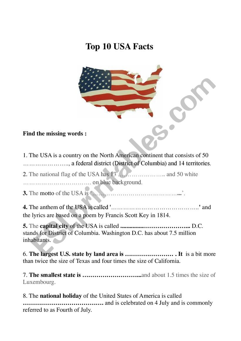 Exercise Top 10 USA facts worksheet
