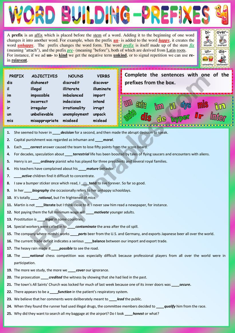 PREFIXES for Intemediate learners 4 - Ex + KEY