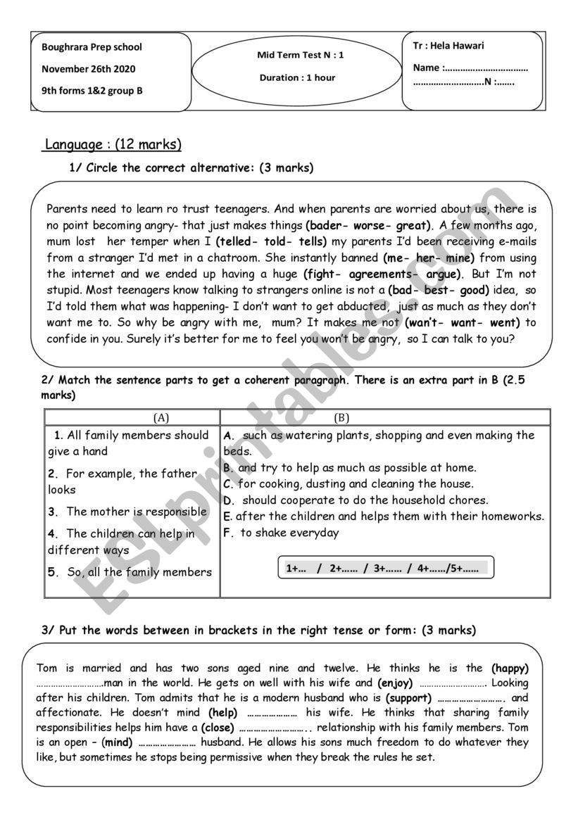 9th form mid-term test N1 worksheet