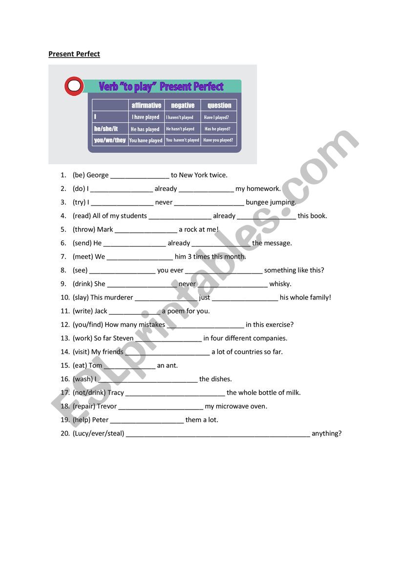 Present Perfect sentences worksheet