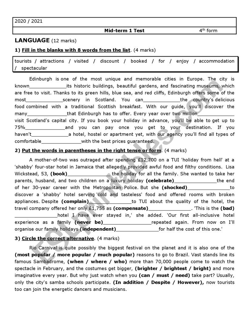 4th form mid term 1 test  worksheet