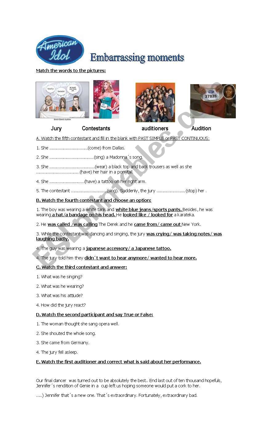 EMBARRASSING MOMENTS worksheet