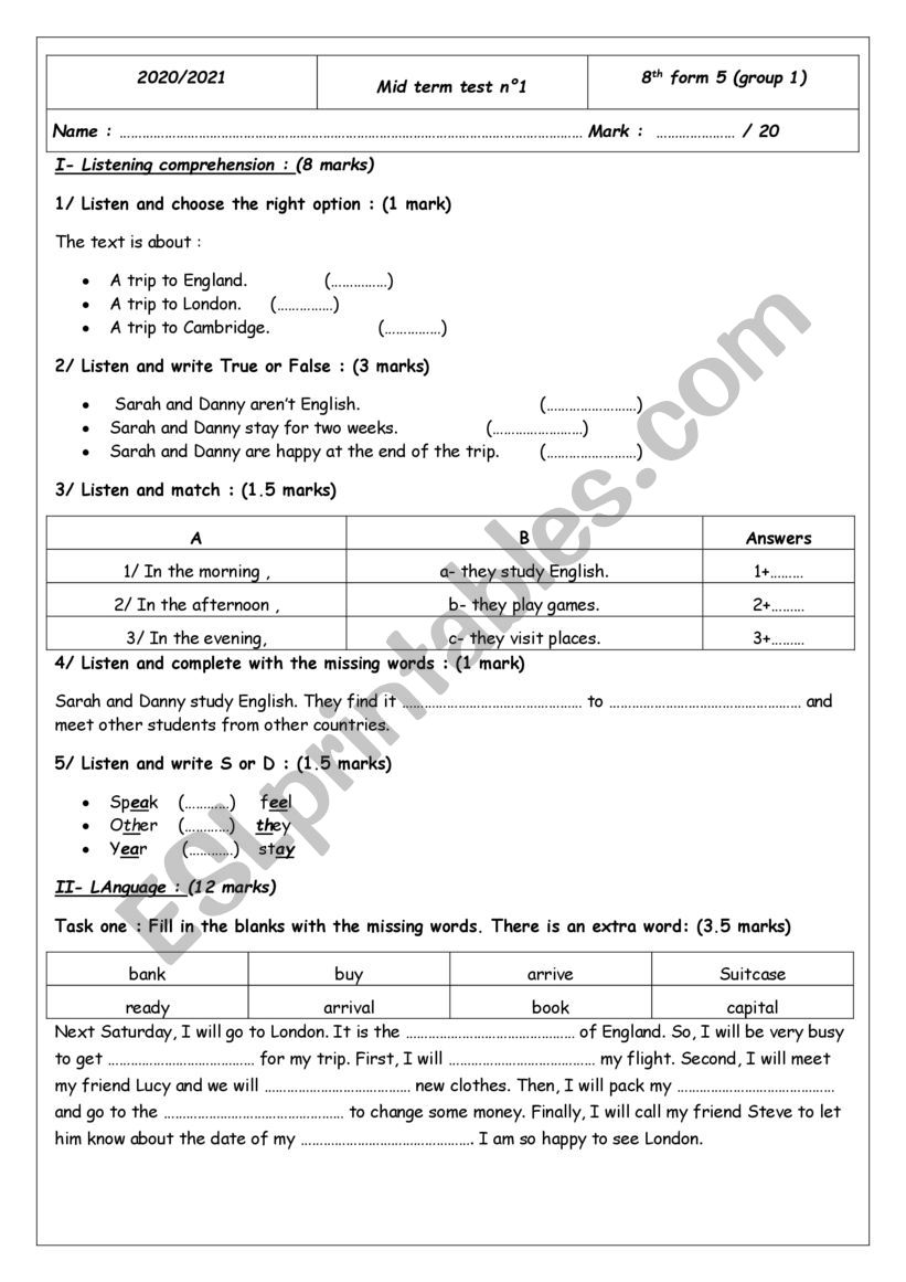 mid term english test n 1 worksheet