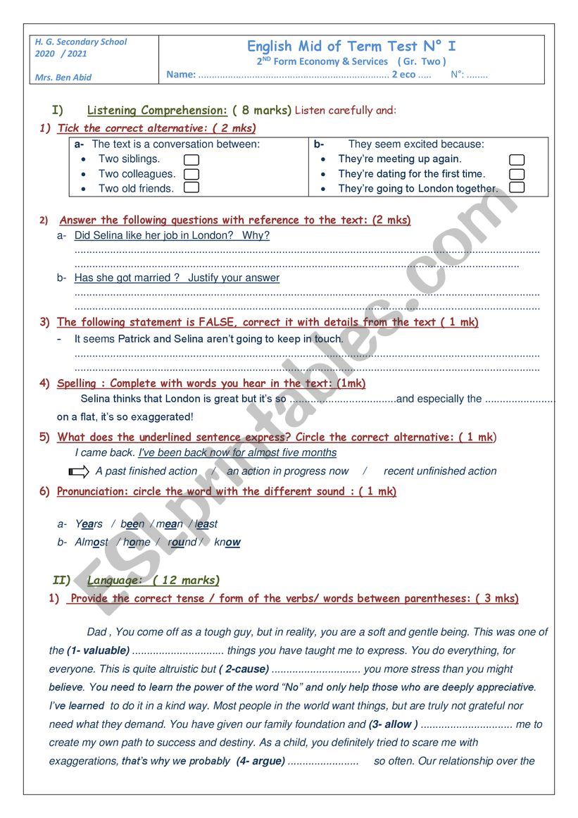 Mid of Term One test 2nd Form Secondary