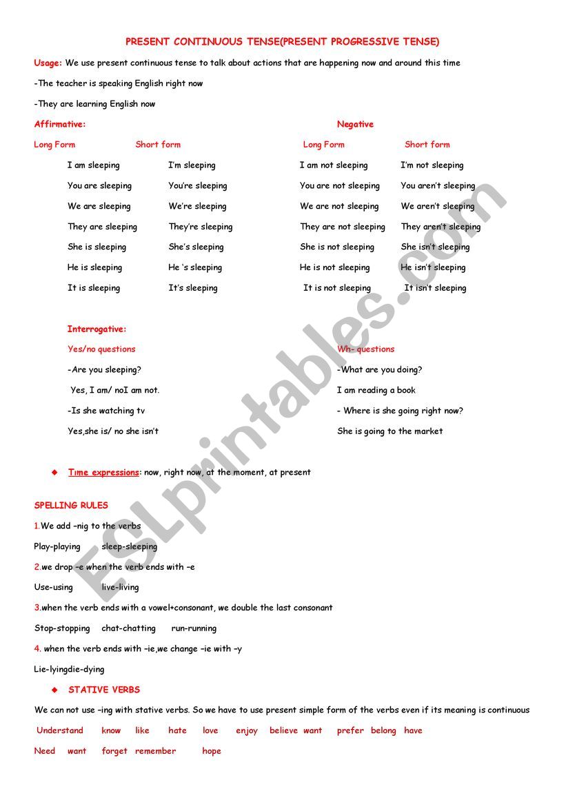 present continuous tense worksheet