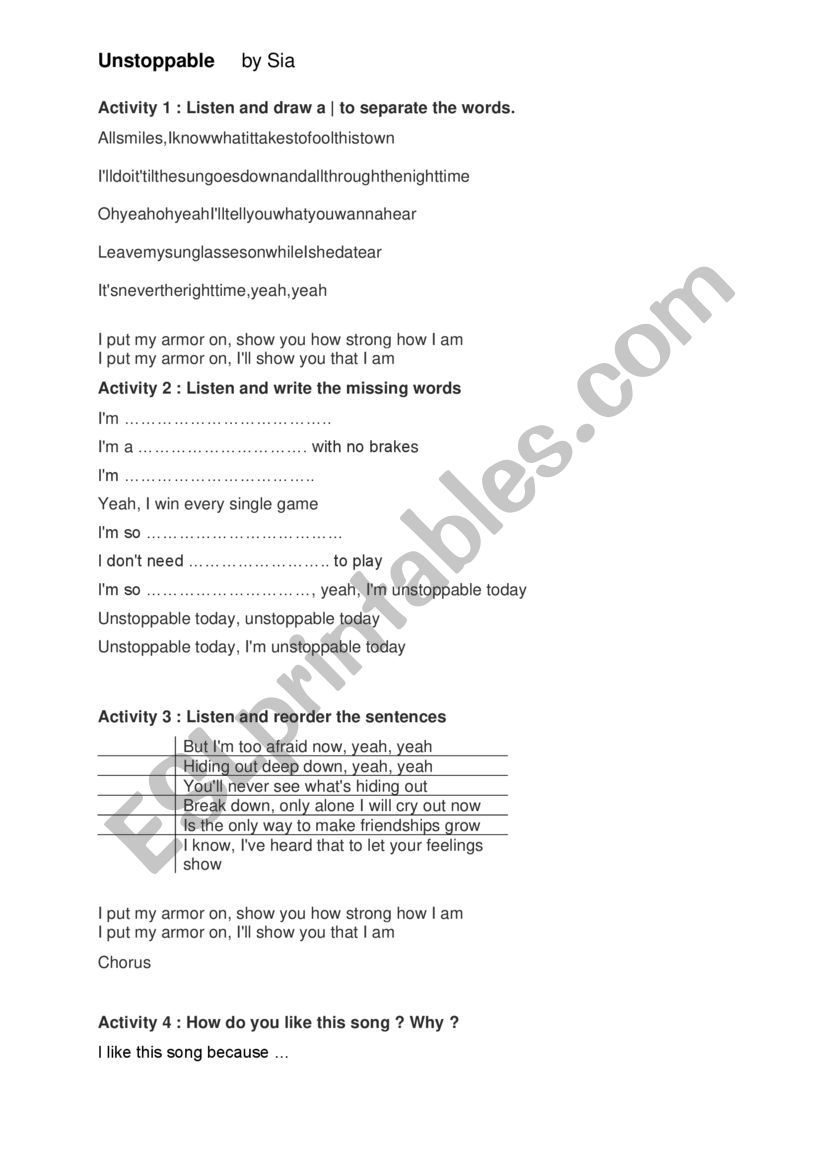 Unstoppable  worksheet