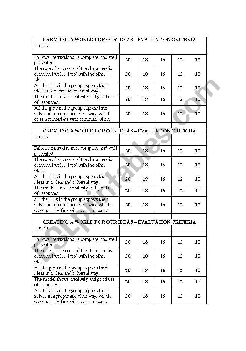 Rubric worksheet