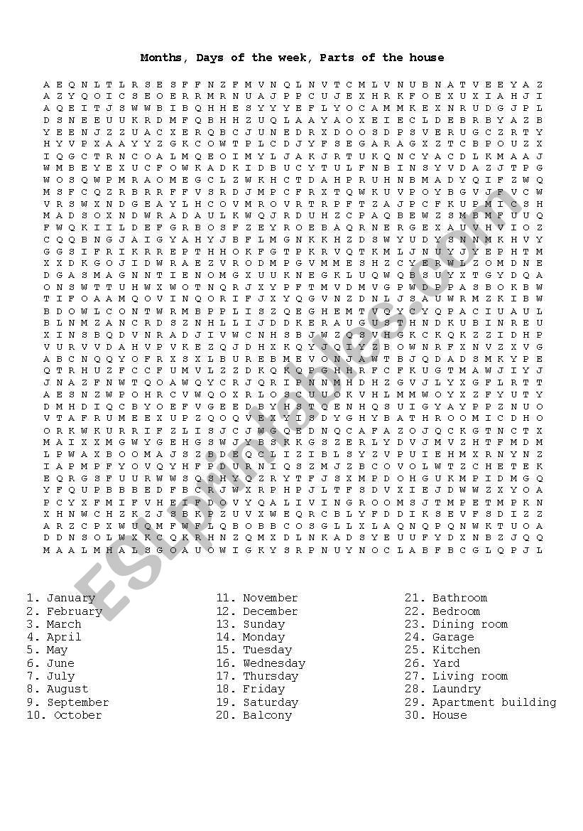 Months, Days of the week, Parts of the house