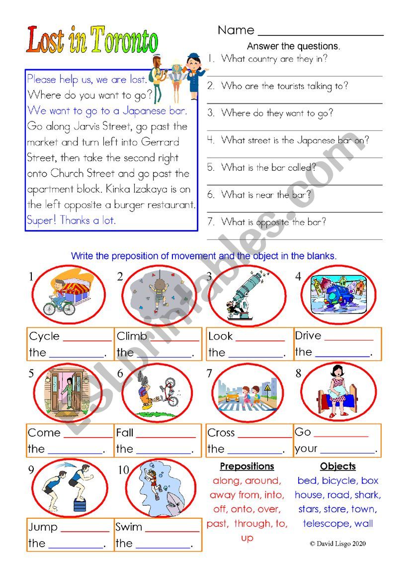 Lost in Toronto: directions and prepositions with answer key and extras.