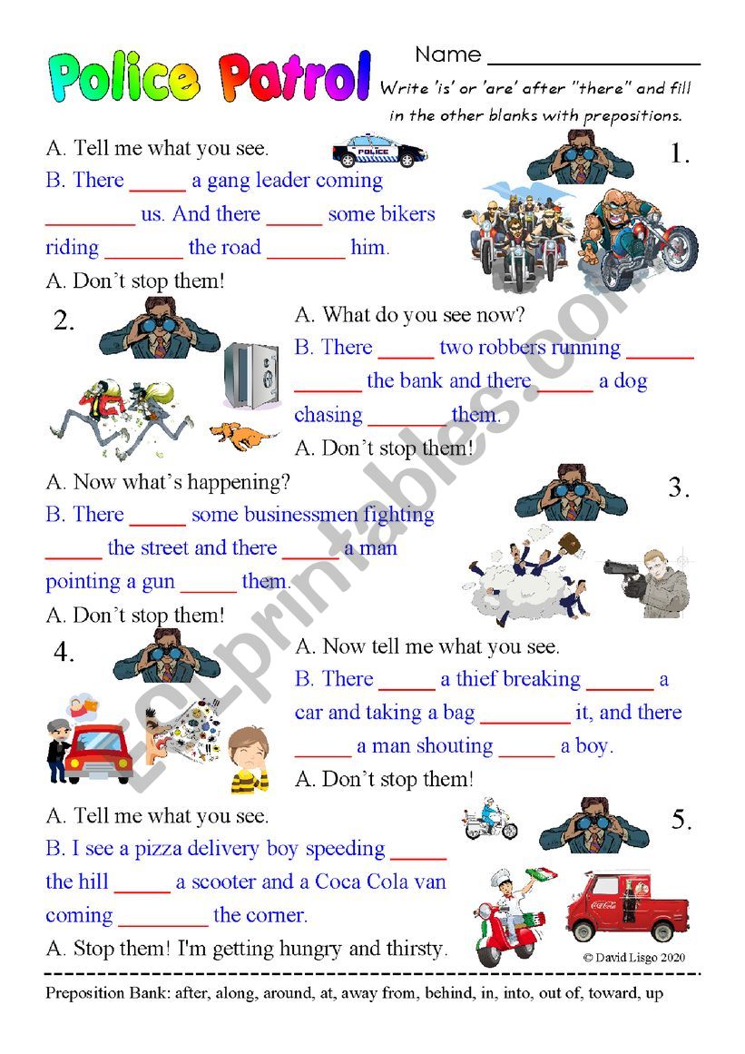 Police Patrol: descriptions and prepositions with answer key and extras.