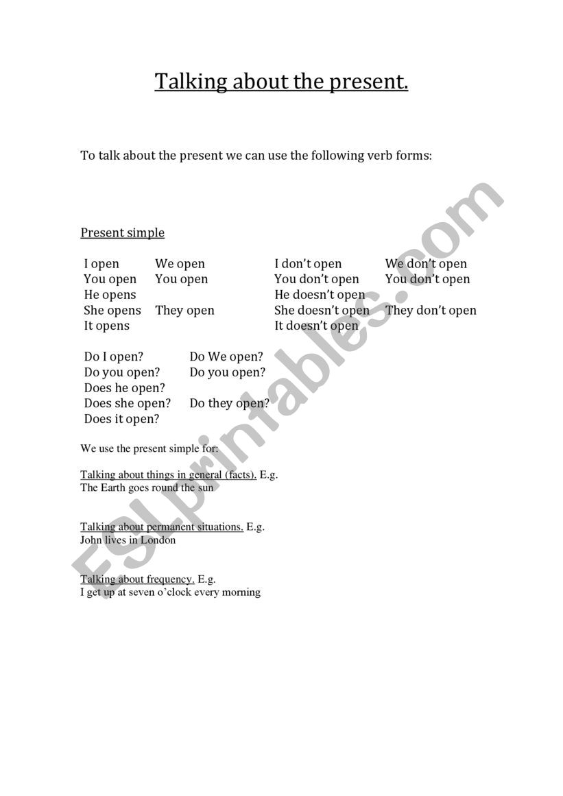 Talking about the present worksheet