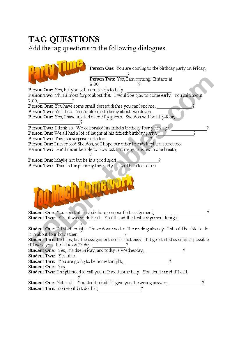 DIALOGUES WITH TAG QUESTIONS worksheet