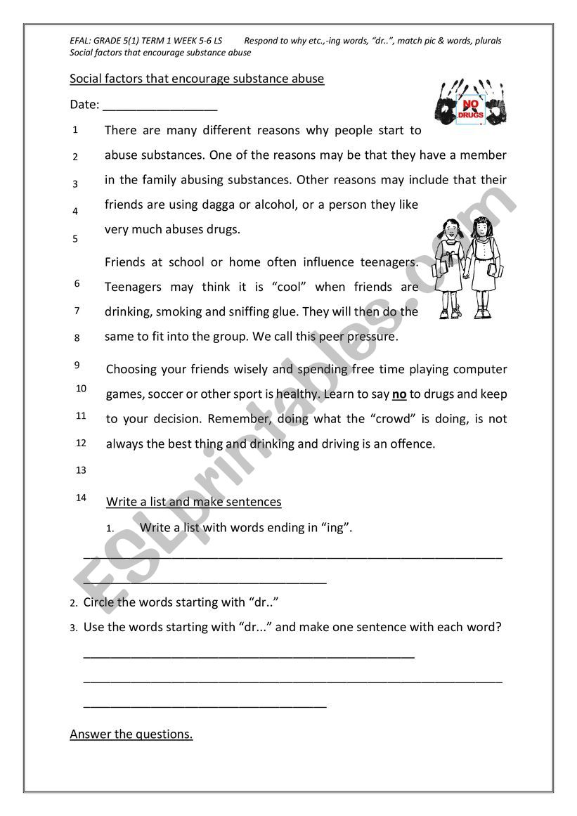 Substance abuse worksheet