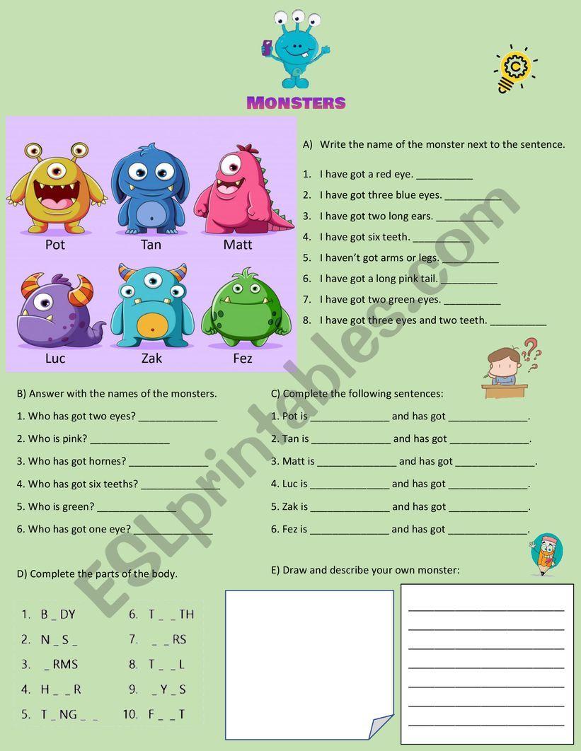 Monsters worksheet