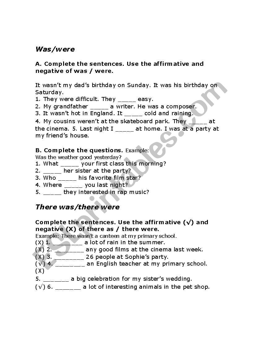 Was -were worksheet