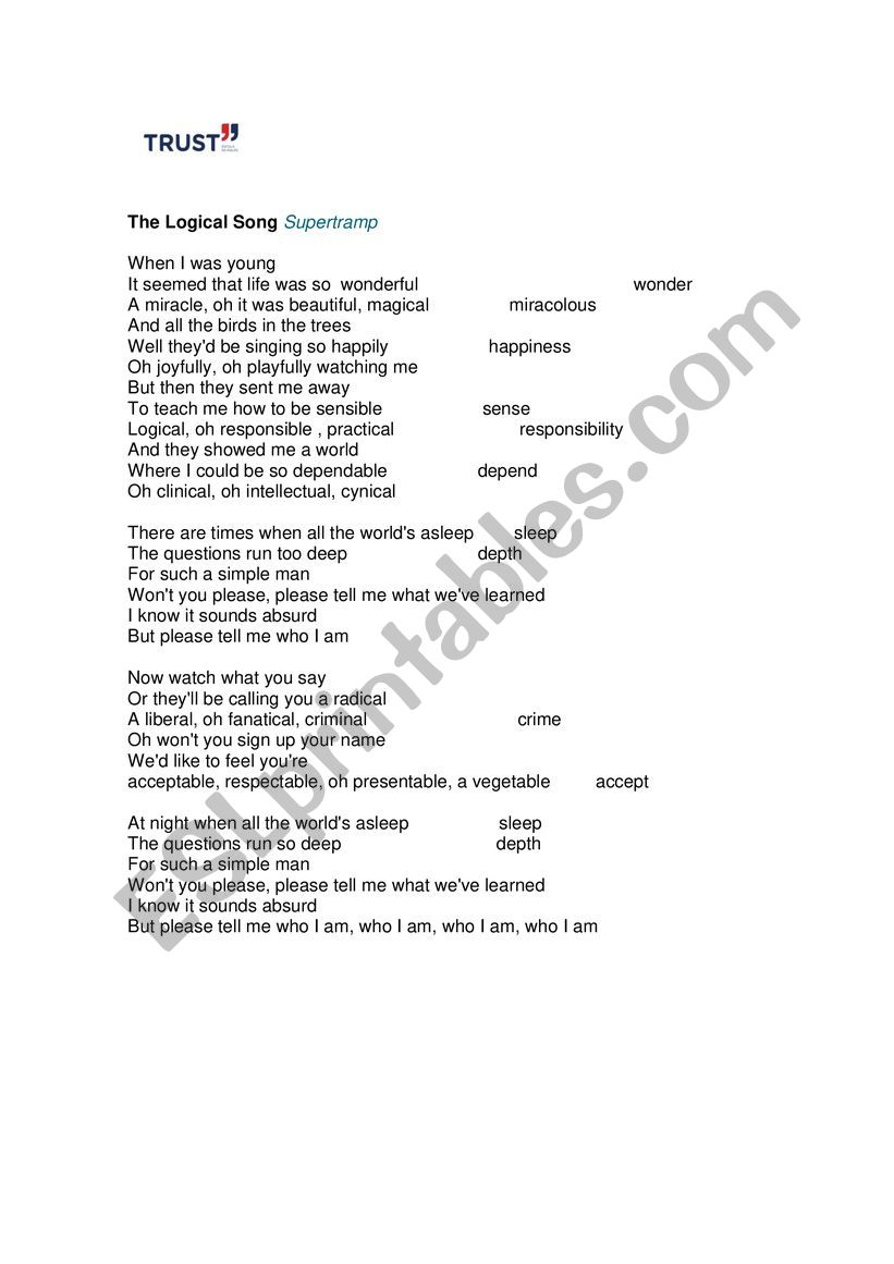 The Logical Song - Supertramp worksheet