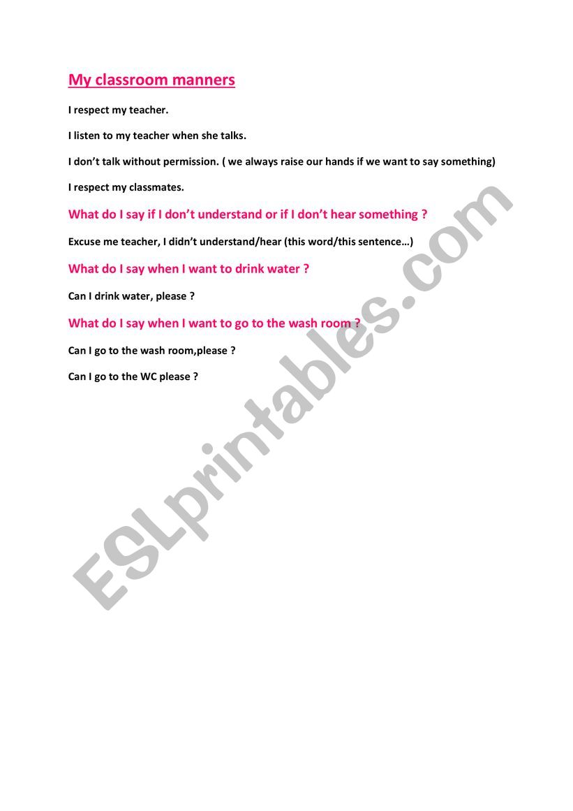 classroom manner worksheet