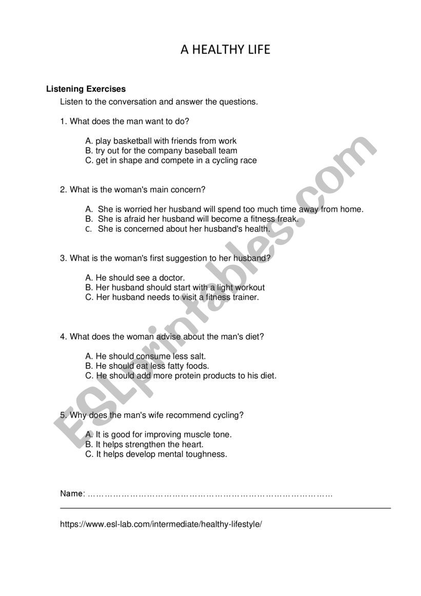 A HEALTHY LIFE worksheet