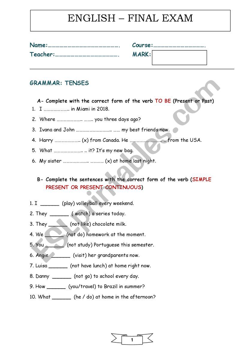 GRAMMAR - FINAL EXAM worksheet