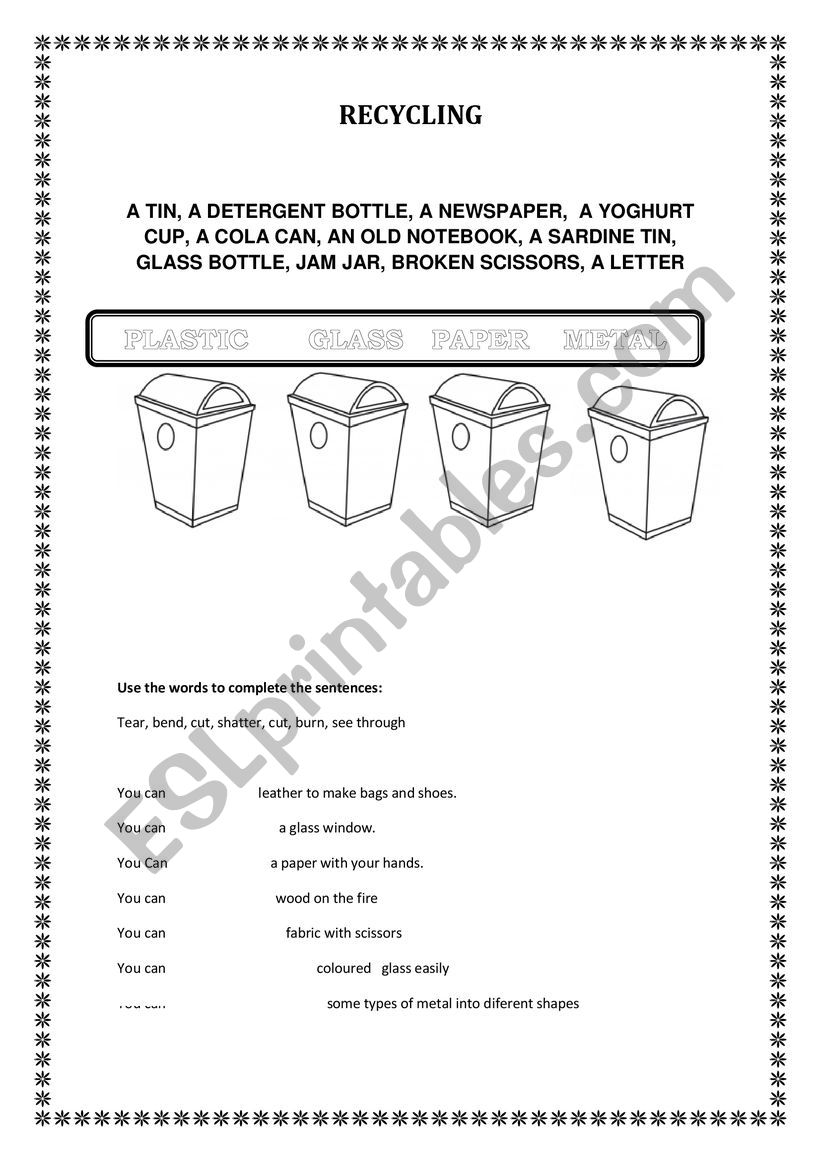 Materials worksheet
