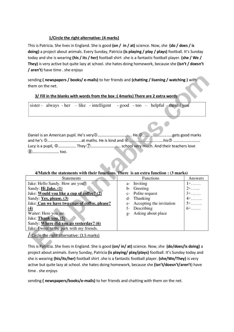 7th form end of  term test 1 language part1