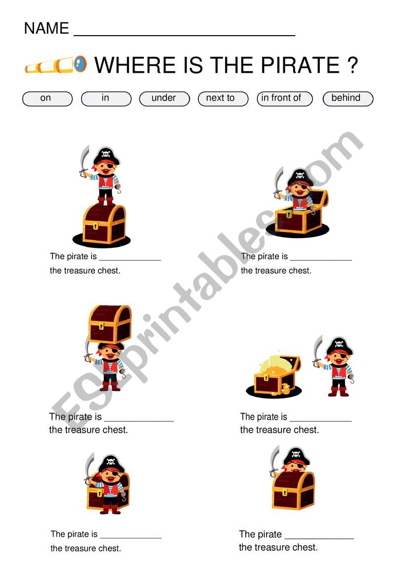 Prepositions of place pirate worksheet