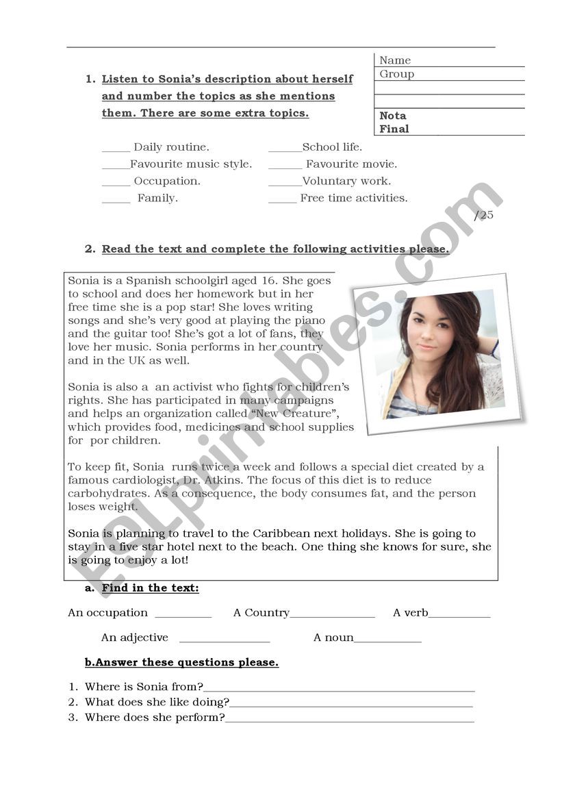 Test on Eating Habits worksheet