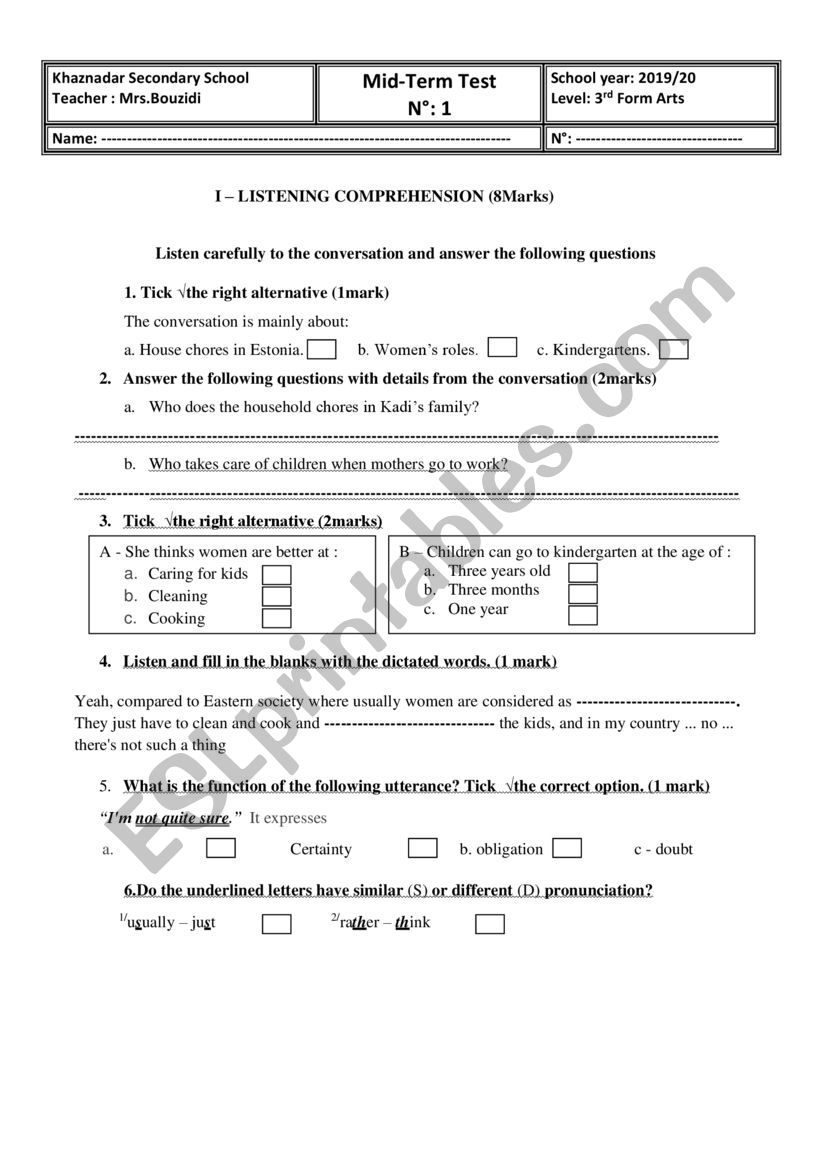 mid term test 1 for 3rd  form worksheet