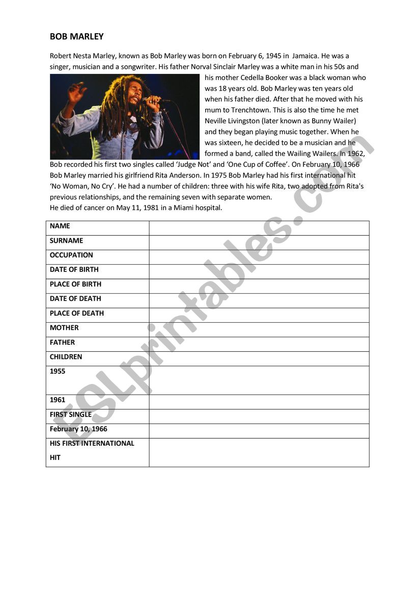 Bob Marley and John Lennon worksheet