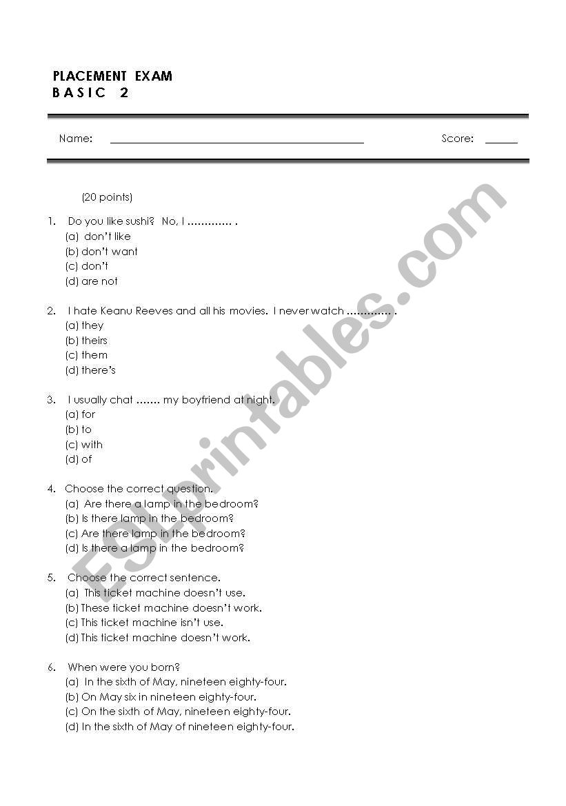 Basic Exam 1/4 pages worksheet