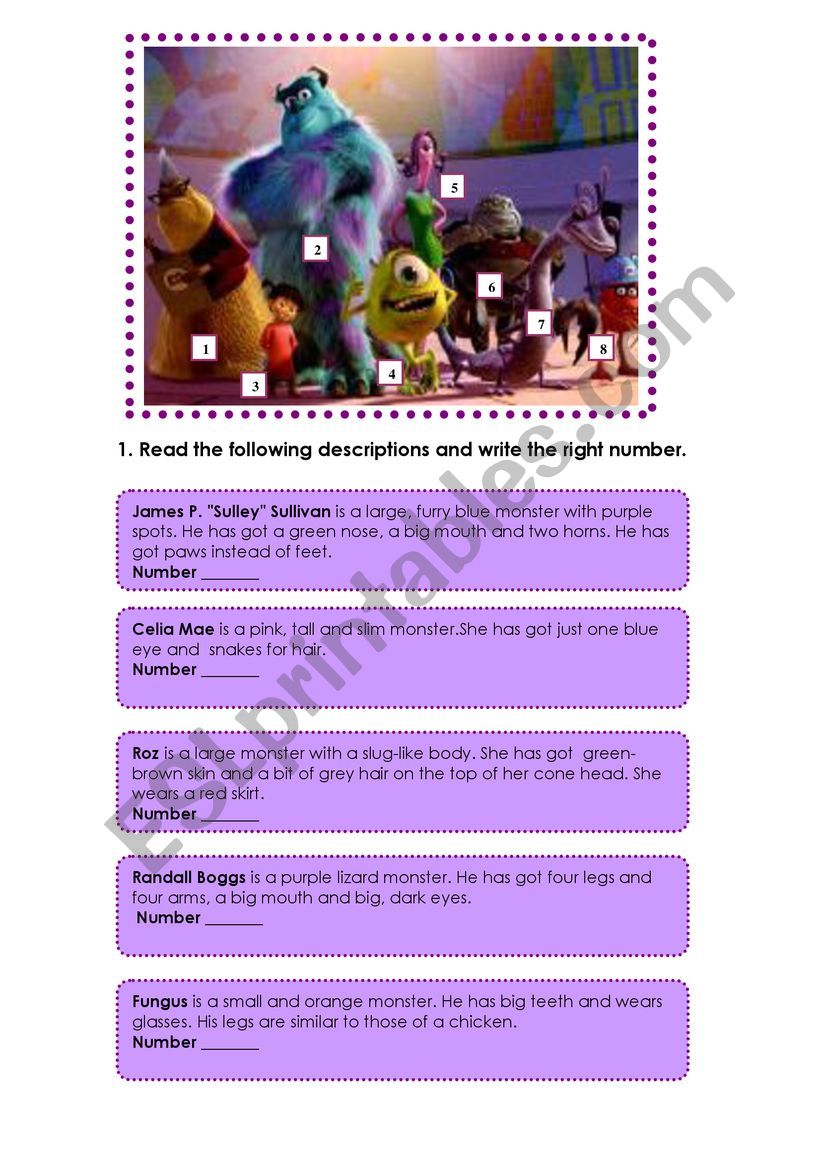 monster inc. description worksheet