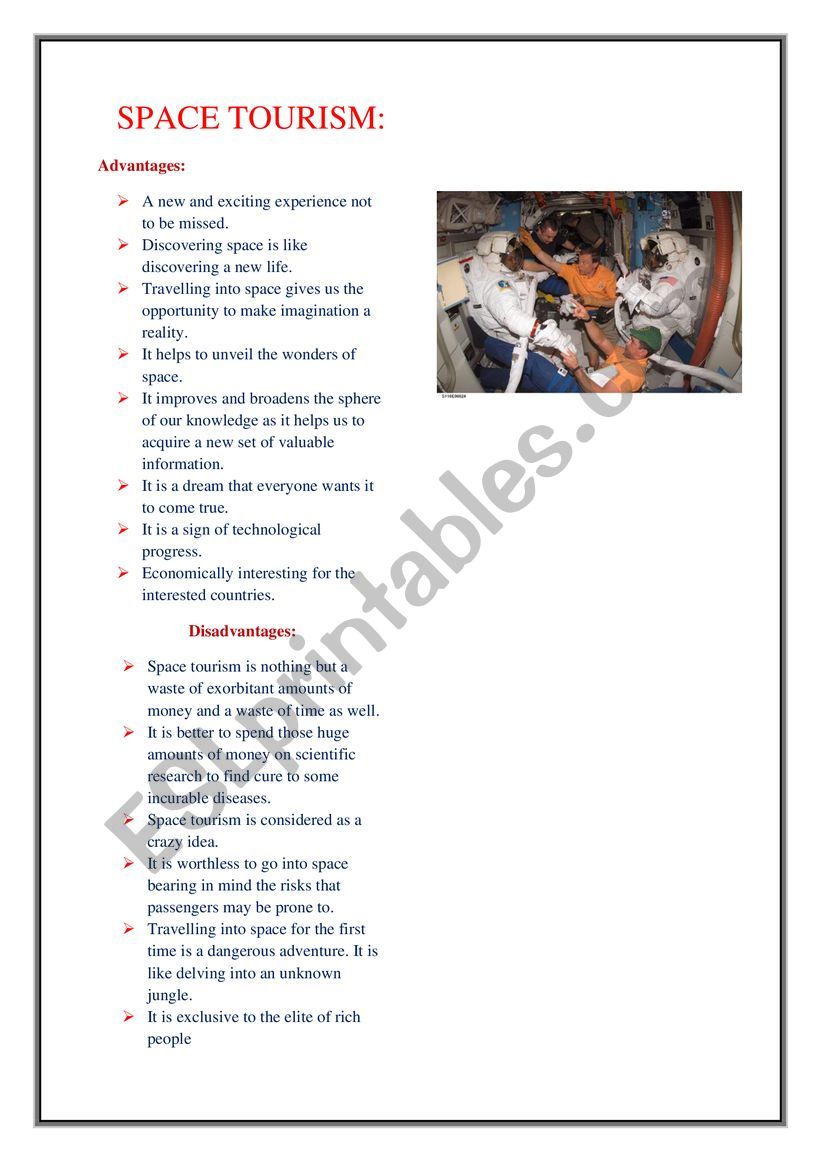 space tourism pros and cons worksheet