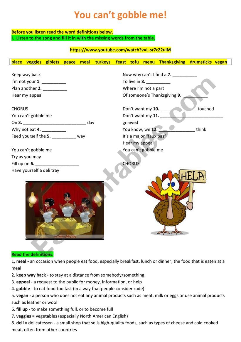 Thanksgiving worksheet. Song 