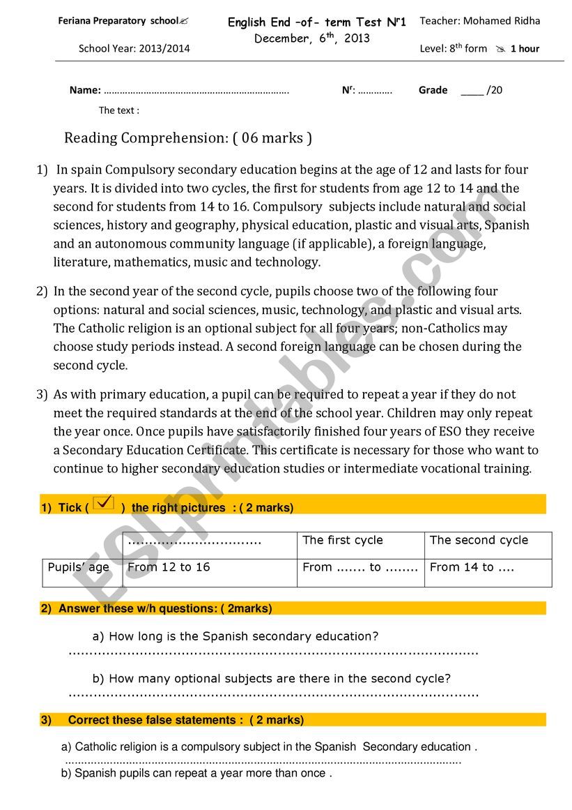 8th form test worksheet