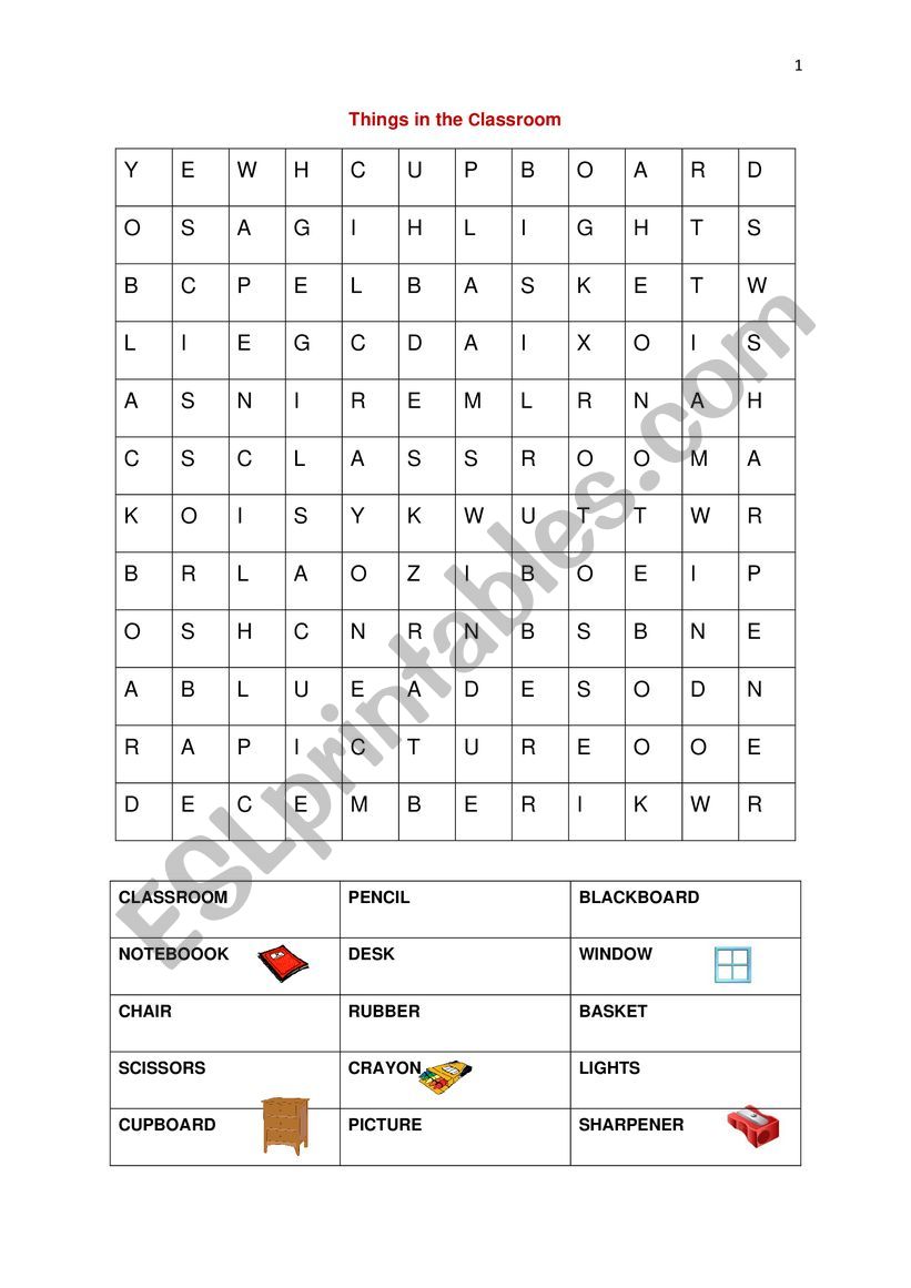 Things in the Classroom - Wordsearch