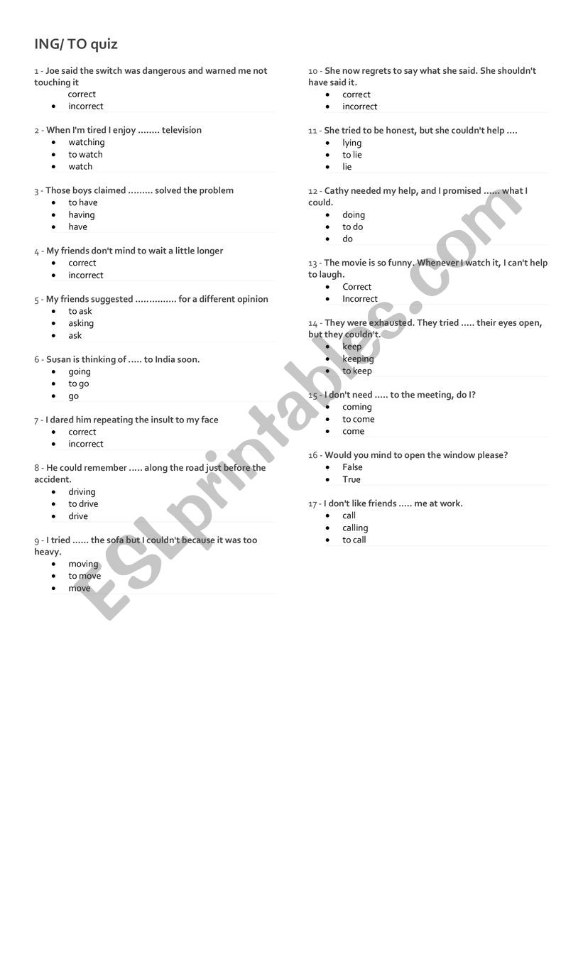 -ing or to quiz worksheet