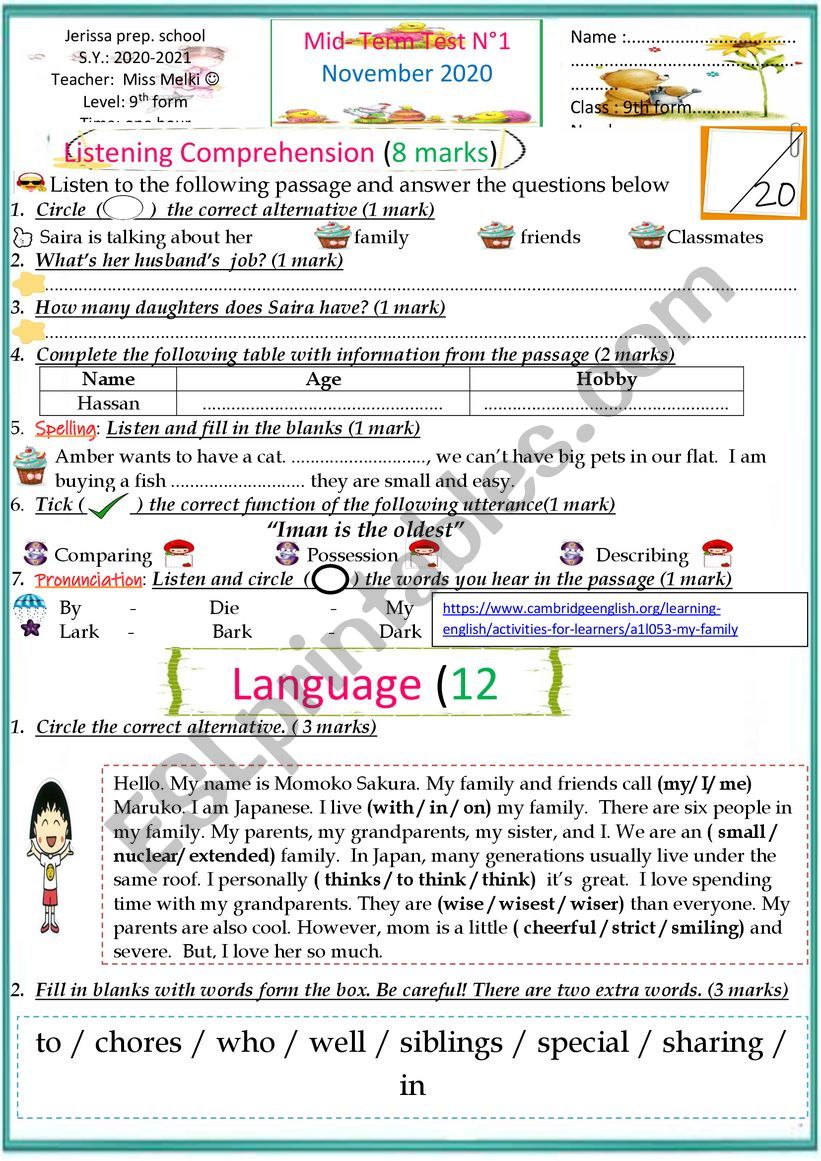 9th form test worksheet