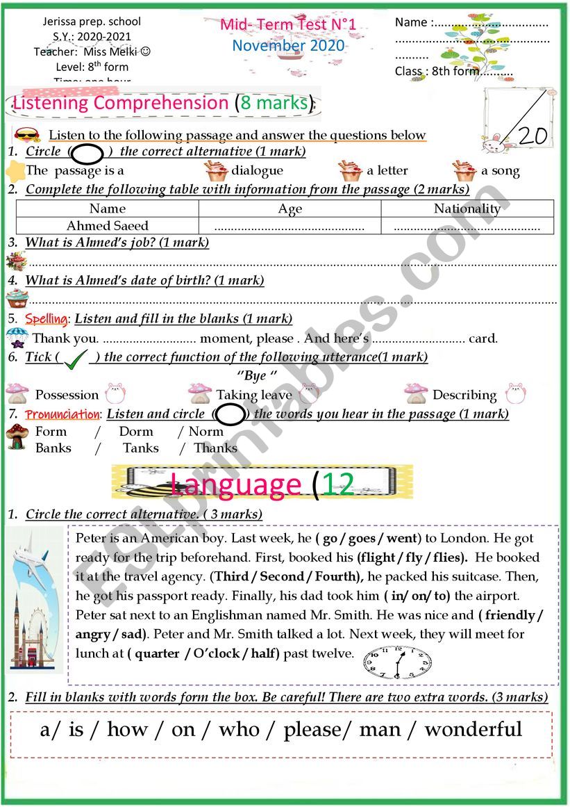 8th form test worksheet