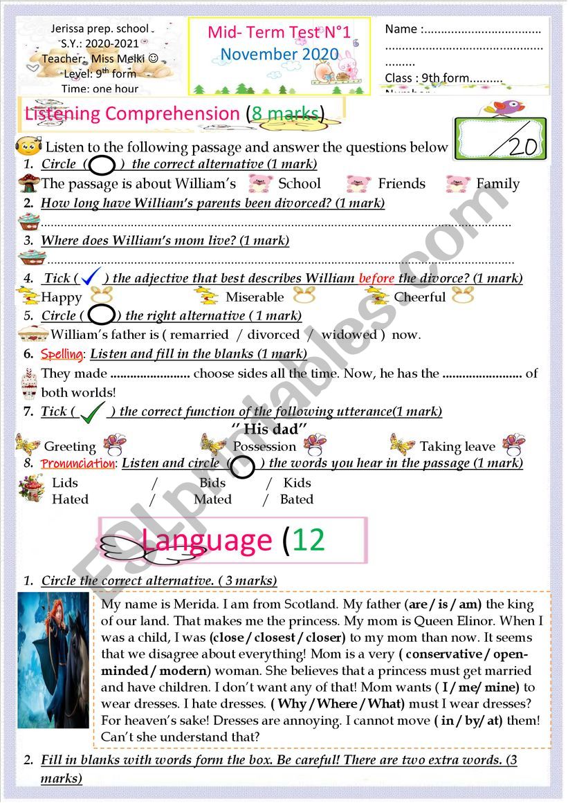 9th form test worksheet