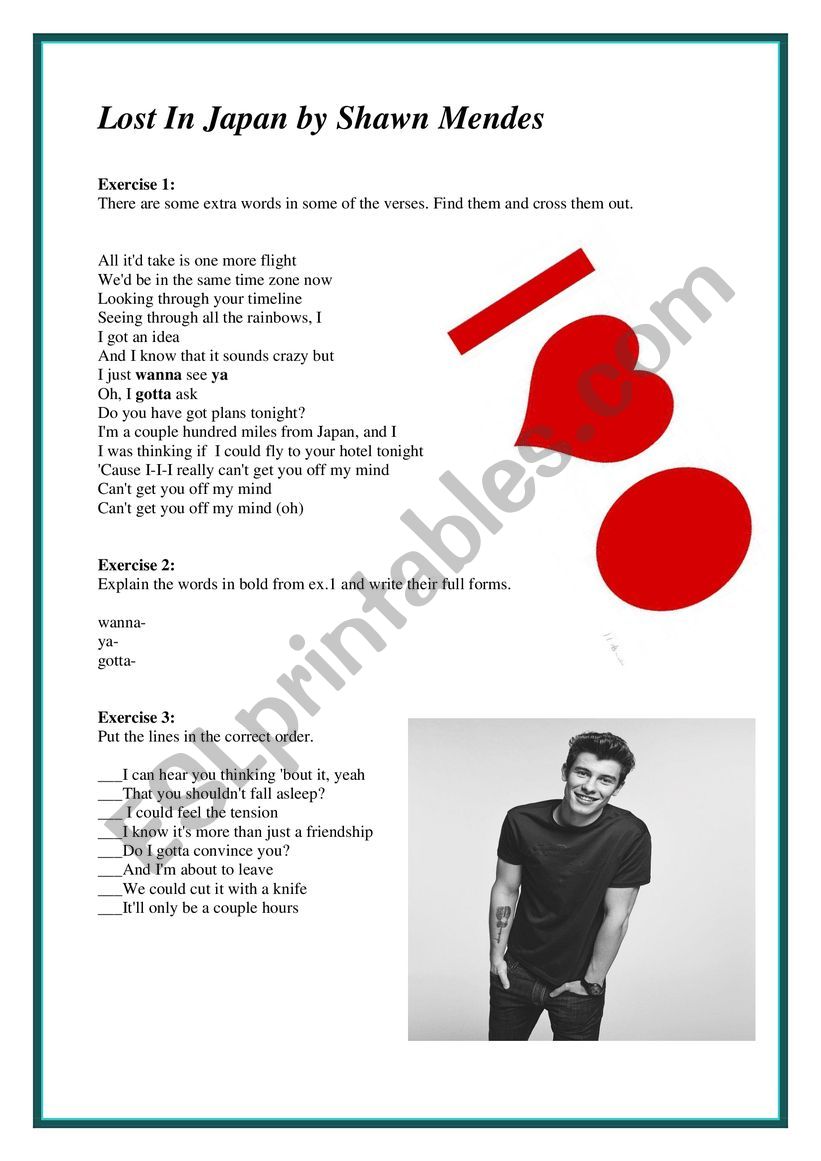 Lost in Japan by Shawn Mendes worksheet