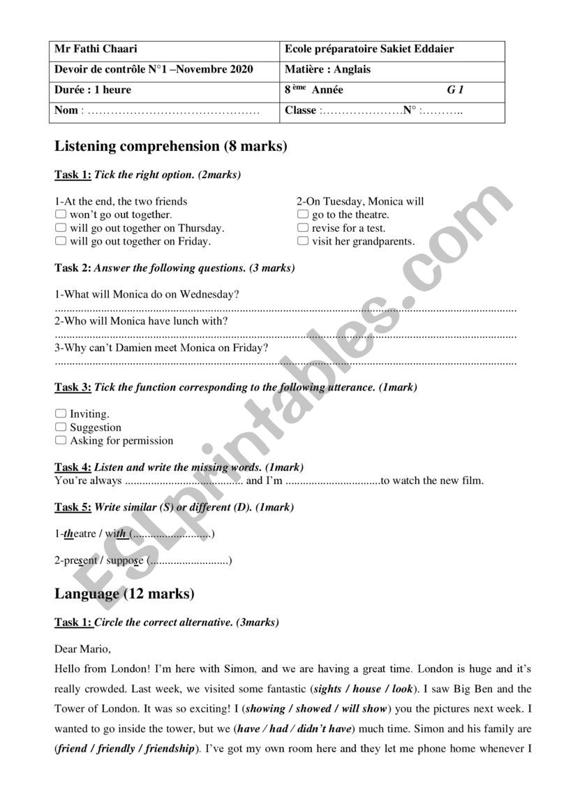 8 Test 1 2020-2021 G1 worksheet