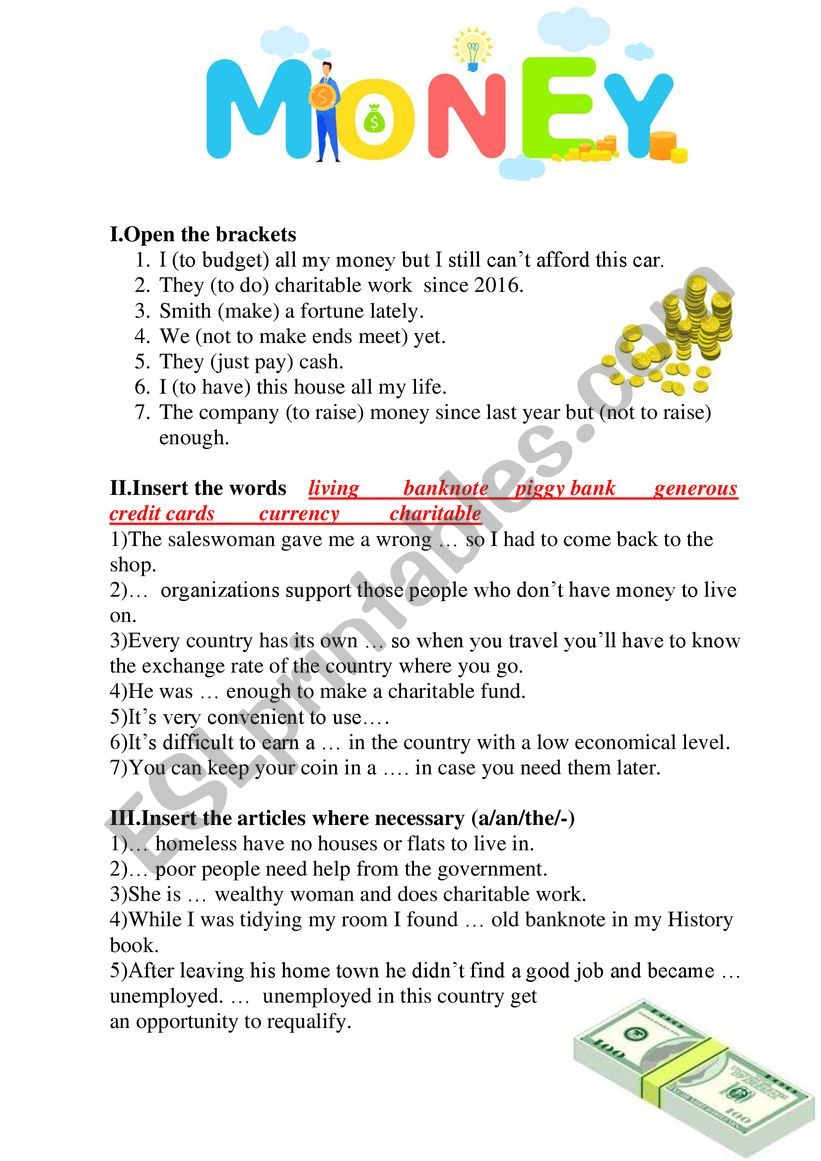 money worksheets for esl